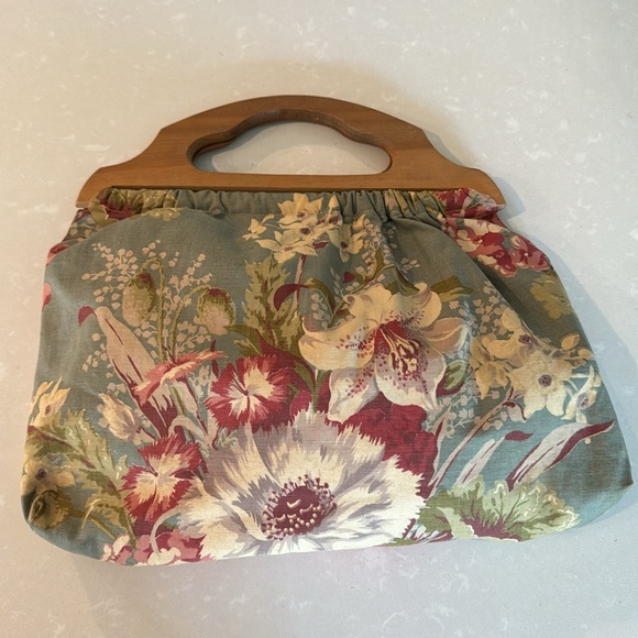 Vintage 50’s Barkcloth Seafoam Multi Floral Wooden Handle Bag - Picture 3 of 11